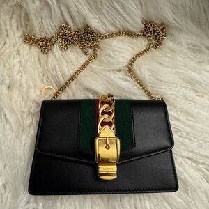 Gucci Mini Sylvie Black Crossbody with Gold Accents